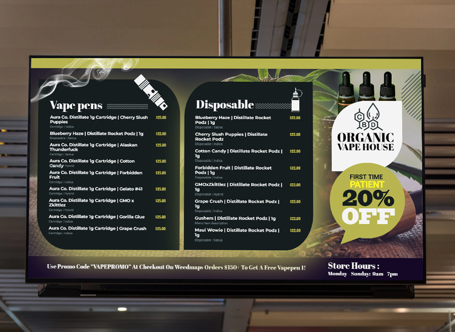 Dynamic dispensary digital menu boards for Cannabis, Marijuana, Vape and Weed