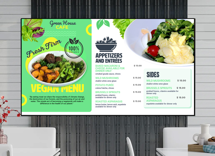 Vegan food digital menu template design gallery for restaurant