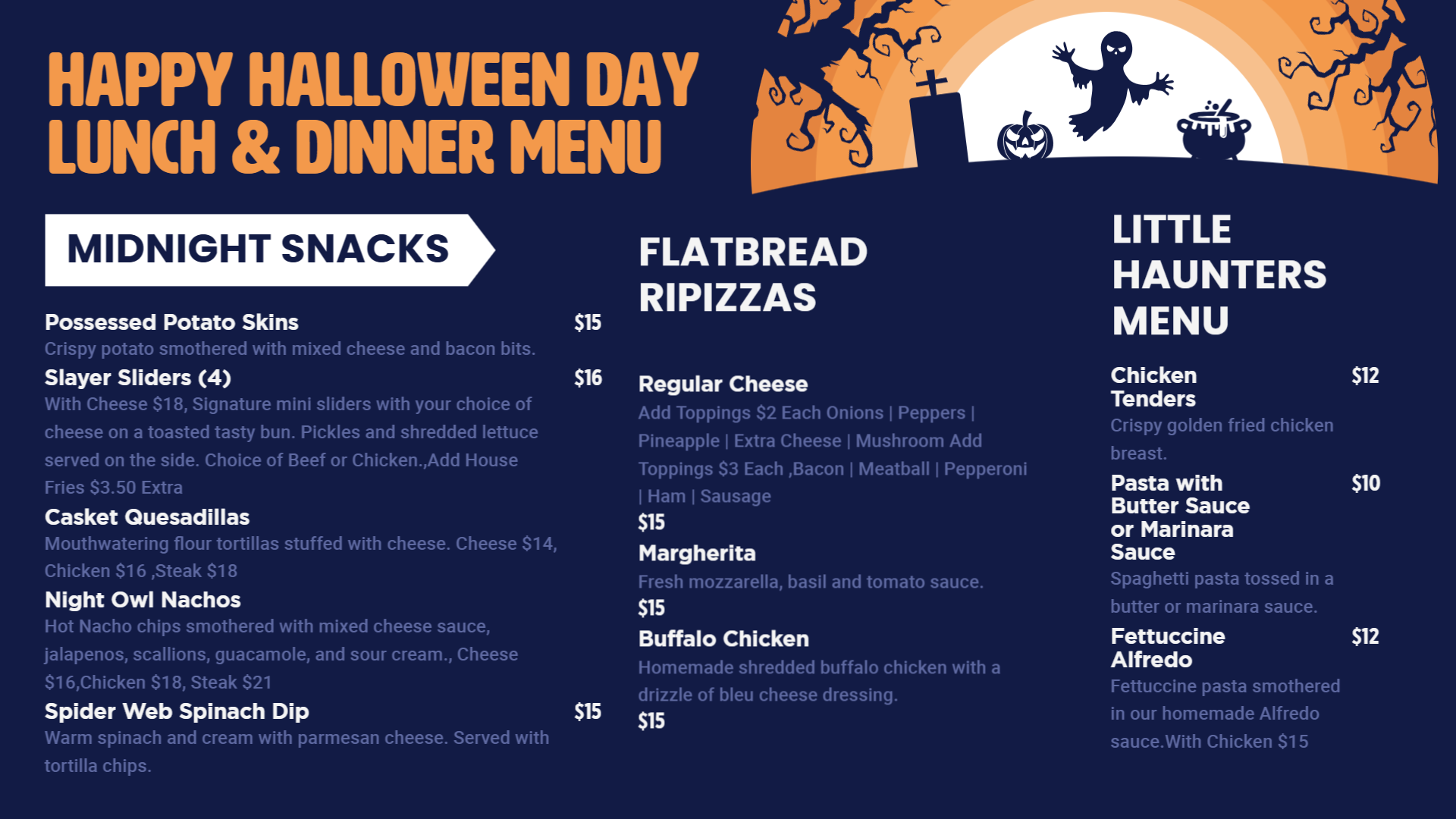 Halloween Day Lunch & Dinner menu